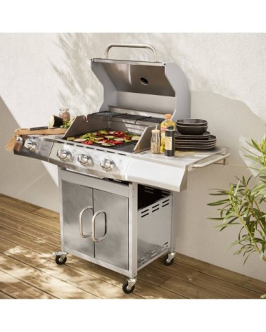 Barbecue au gaz inox 4 brûleurs dont 1 feu latéral 14kw