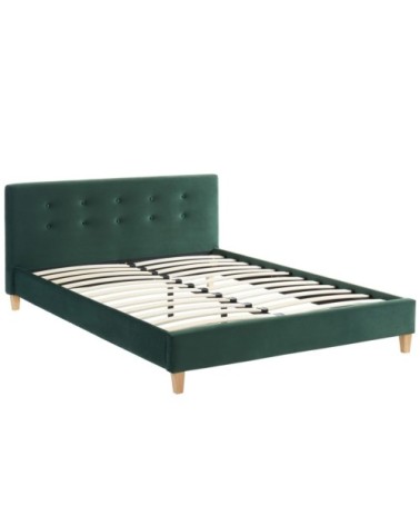 Lit en velours vert 140x190 avec sommier à lattes et tête de lit