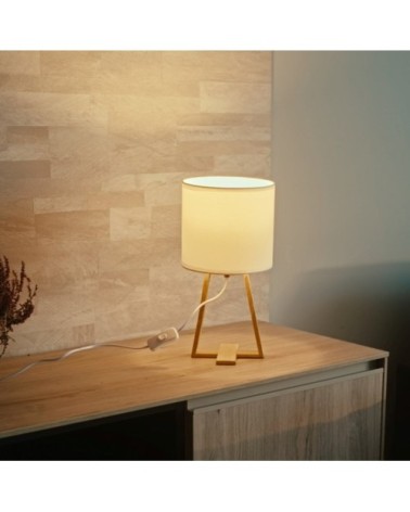 Lampe de table en bois blond et textile blanc