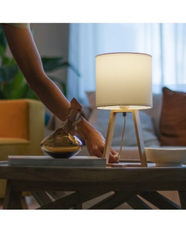 Lampe de table en bois blond et textile blanc