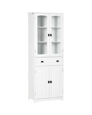 Buffet haut 4 portes 3 étagères tiroir verre trempé blanc