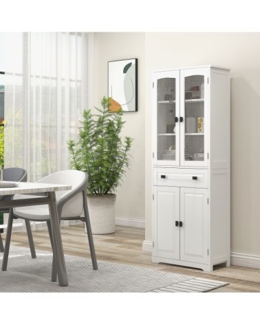 Buffet haut 4 portes 3 étagères tiroir verre trempé blanc