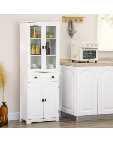 Buffet haut 4 portes 3 étagères tiroir verre trempé blanc