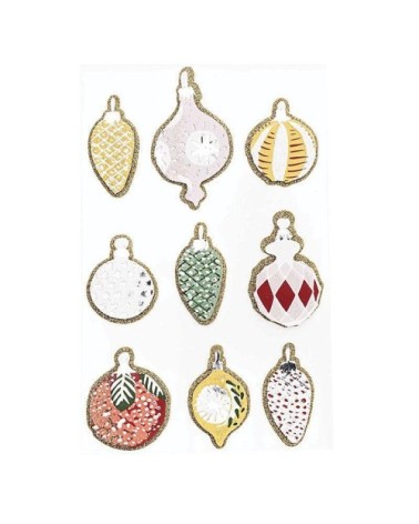 9 Stickers 3D boules de Noël nostalgique à paillettes dorées