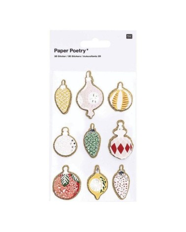 9 Stickers 3D boules de Noël nostalgique à paillettes dorées