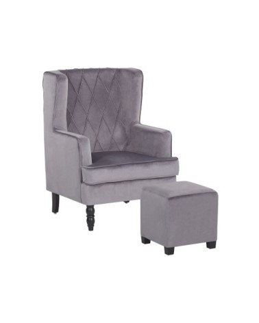 Fauteuil bergère en velours gris avec repose-pieds assorti