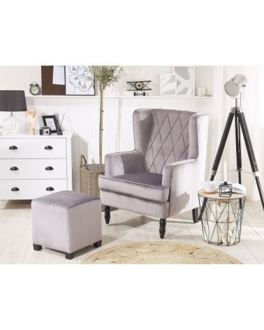 Fauteuil bergère en velours gris avec repose-pieds assorti