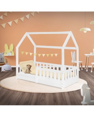 Lit cabane enfant 70x140 cm sommier et barrière inclus bois blanc