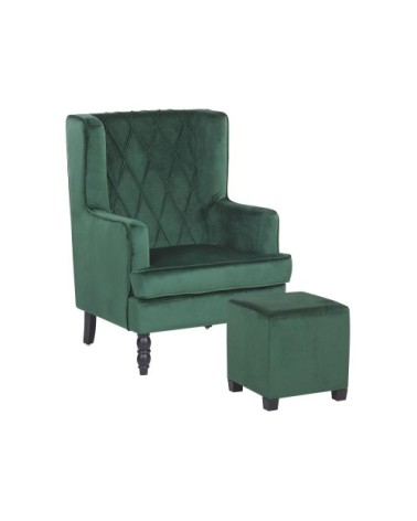 Fauteuil bergère en velours vert avec repose-pieds assorti