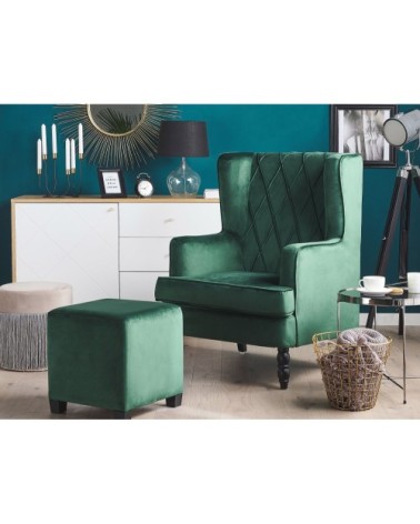 Fauteuil bergère en velours vert avec repose-pieds assorti