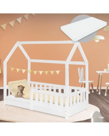 Lit cabane enfant 70x140 cm matelas et barrière inclus bois blanc