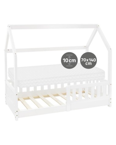 Lit cabane enfant 70x140 cm matelas et barrière inclus bois blanc