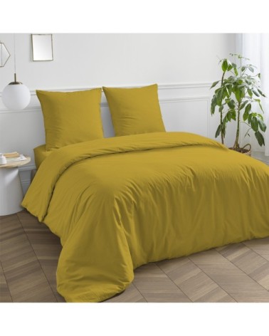 Housse de couette en coton 57 fils unie jaune moutarde 200x200cm