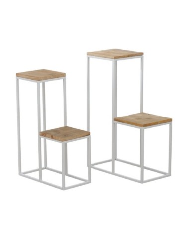 Set de 2 supports pots plantes étagés en métal blanc et bois