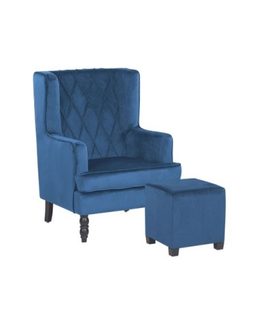 Fauteuil bergère en velours bleu avec repose-pieds assorti