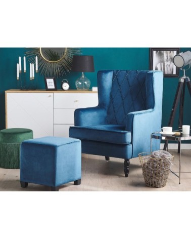 Fauteuil bergère en velours bleu avec repose-pieds assorti