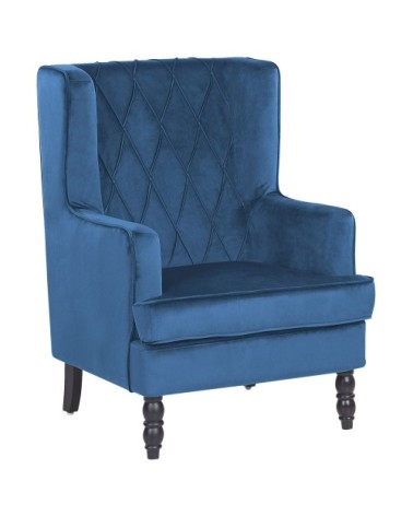 Fauteuil bergère en velours bleu avec repose-pieds assorti