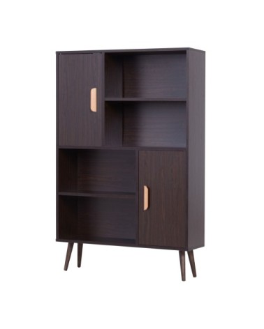 Bibliothèque scandinave 4 niches 2 placards avec étagère aspect wengé