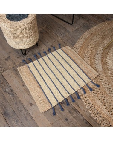 Tapis en jute et coton bleu 80x60