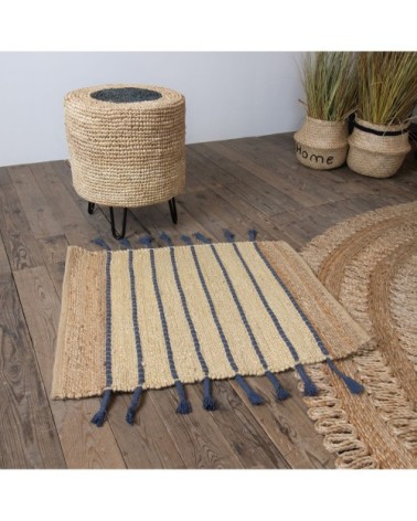 Tapis en jute et coton bleu 80x60