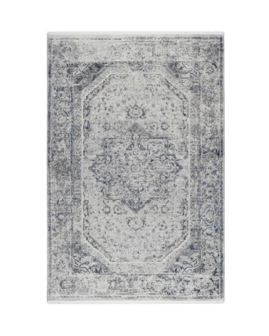 Tapis vintage bohème à poils ras et franges gris bleu beige 230x160