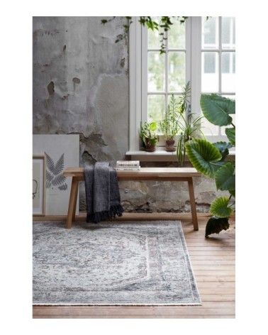 Tapis vintage bohème à poils ras et franges gris bleu beige 230x160