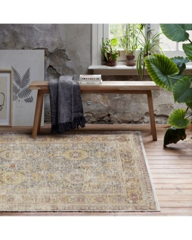 Tapis vintage bohème à poils ras et franges gris jaune 290x240