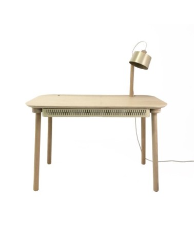 Bureau en chêne avec lampe et tiroir en métal laiton