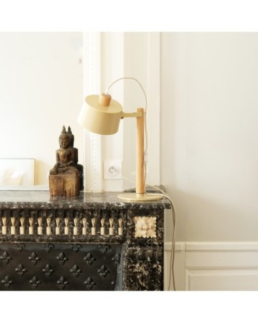 Lampe à poser en chêne et métal laiton