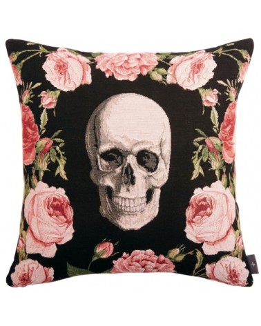 Coussin tapisserie crâne et roses Noir 50 x 50