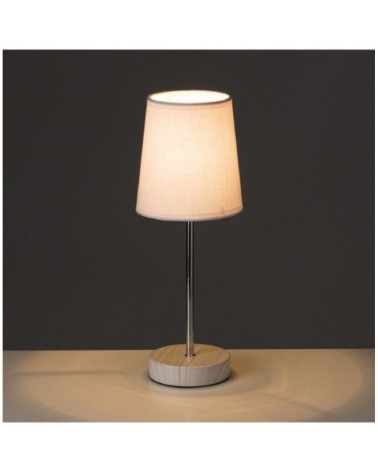 Lampe à poser bois clair métal chromé et abat-jour blanc H34,5cm