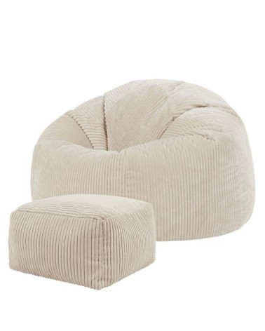 Pouf avec repose-pied carré velours côtelé beige galet