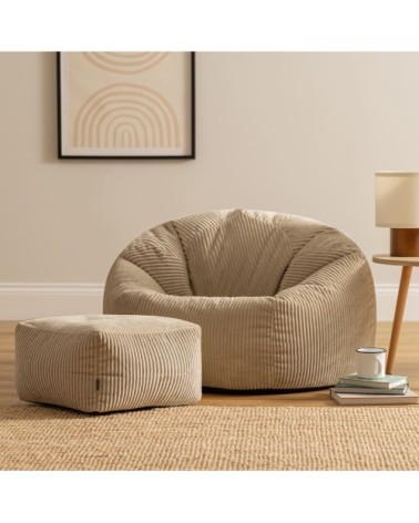 Pouf avec repose-pied carré velours côtelé beige galet
