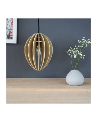 Lampe suspension bois et béton chêne naturel cordon noir