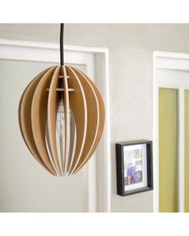 Lampe suspension bois et béton chêne naturel cordon noir