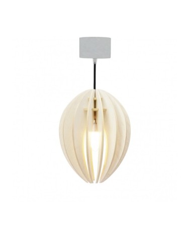 Lampe suspension bois et béton frêne teinté blanc cordon noir