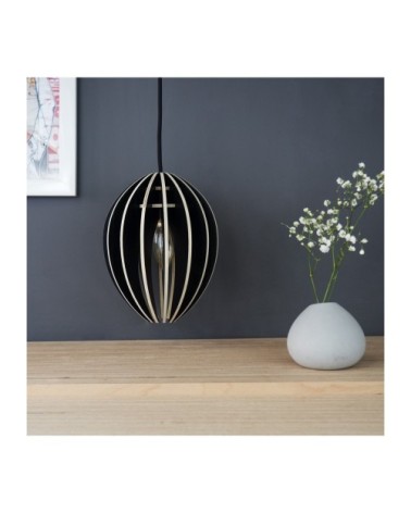 Lampe suspension bois et béton frêne teinté noir cordon noir