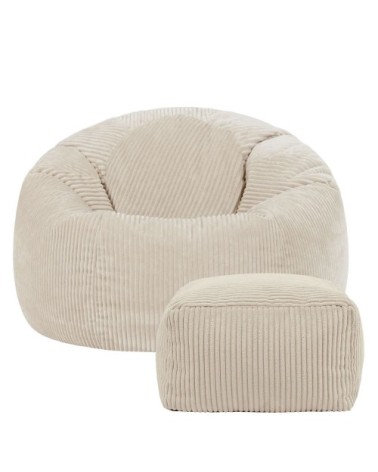 Pouf avec repose-pied carré velours côtelé beige galet