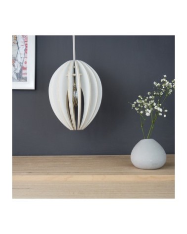 Lampe suspension bois et béton frêne teinté blanc cordon blanc