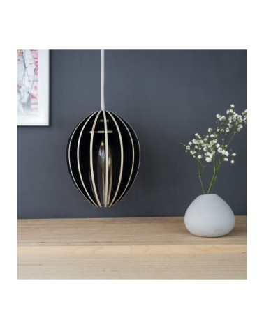 Lampe suspension bois et béton frêne teinté noir cordon blanc