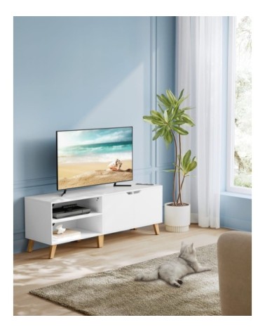Meuble TV 140 cm 2 portes 2 compartiments effet bois blanc