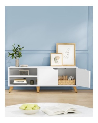 Meuble TV 140 cm 2 portes 2 compartiments effet bois blanc