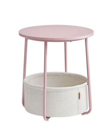 Petite table basse ronde avec panier tissu effet bois rose pastel
