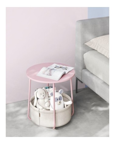Petite table basse ronde avec panier tissu effet bois rose pastel