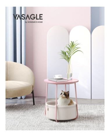 Petite table basse ronde avec panier tissu effet bois rose pastel