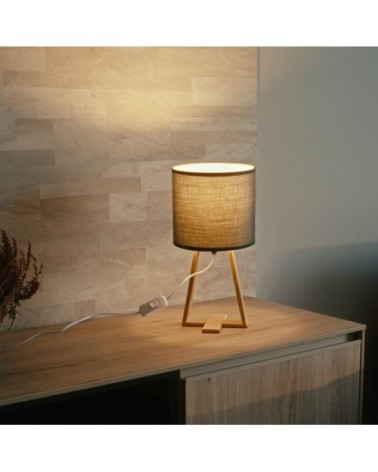 Lampe de Table Style Nordique E27 Bois Naturel Textile Couleur Grise