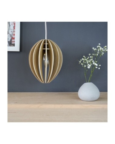 Lampe suspension bois et béton chêne naturel cordon blanc