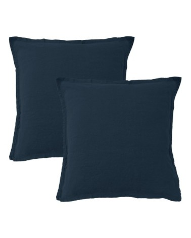 Set de 2 taies doreiller unies en lin lavé Bleu Marine 65x65cm