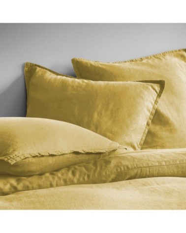 Set de 2 taies doreiller unies en lin lavé Safran 65x65cm