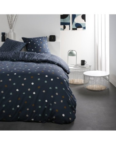 Parure de lit 2 personnes imprimé a pois en Coton Bleu 220x240 cm